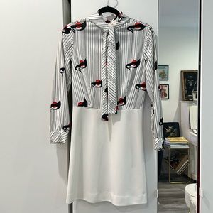 Vintage poly ascot neck tie 70s print blouse mini dress size small